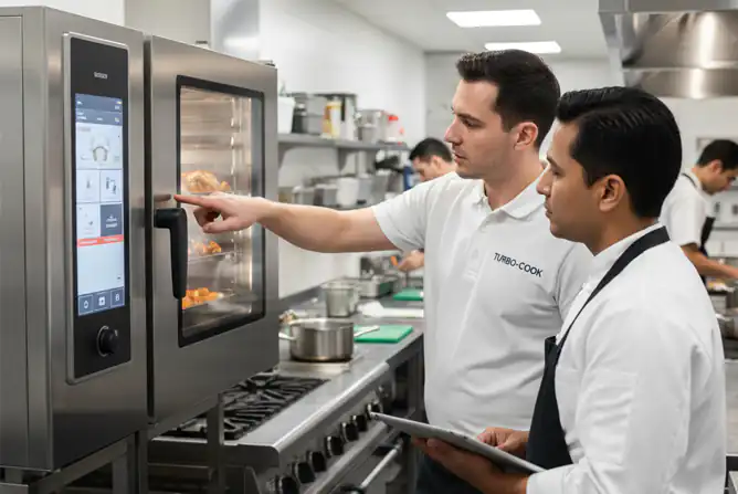 Professional technicians installing and commissioning kitchen equipment with staff training
